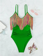 Colorful Tassel One Piece Swimsuit Women Sexy Hot Pink Push Up Tummy Control Swimwear Beach Backless Bathing Suit Monokini 2024