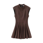 Foridol Stand Collar Sleeveless Pleated Tank Dress for Women Brown Casual Short Autumn Winter Dress Zip Black Ladies Vestidos