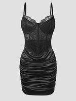 Hot Girls Slim Spaghetti Strap Mini Dresses Women Sexy See Through Flower Lace Fold Package Hip Bodycon Short Dress Club Vestido