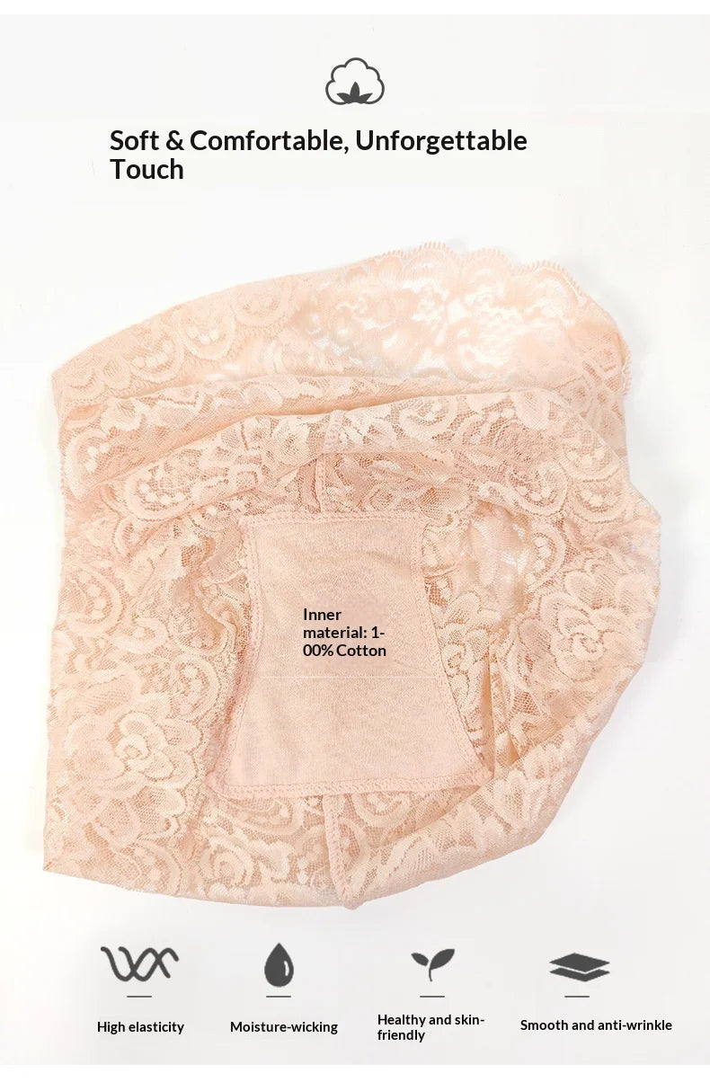 1pcs High-Rise Sexy Lace Briefs Comfortable Stretchy Semi Sheer French-Cut Panties Women's Underwear Breathable Lingerie S-3XL