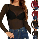 Sexy Women T Shirt See Through Transparent Mesh Tees Long Sleeve Sheer Slim Ladies Solid Round Neck Skinny T-Shirt Lace Crop Top