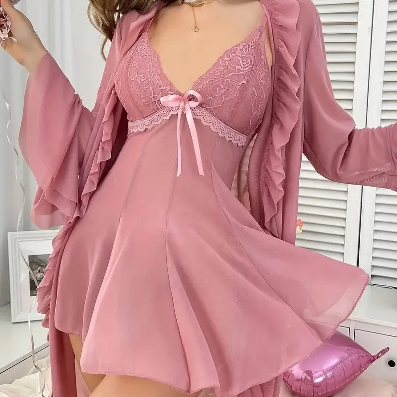 Pink Robe Set Underwear Sexy Lingerie Women's Kimono Gown Dress Perspective Nightdress Ruffles Bathrobe Summer Home Clothing