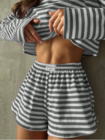 Summer Striped Pajama Sets for Women Sleepwear Long Sleeve Top and Shorts 2 Piece Set Casual Home Wear Loungewear