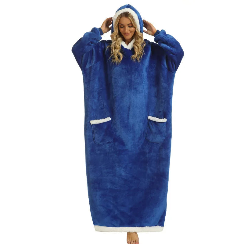 New 120/150cm Winter Thick Blanket Extra Plush Hoodie Lengthened Large Pocket Imitation Cashmere Home Coat Fleece TV Blanket 1pc