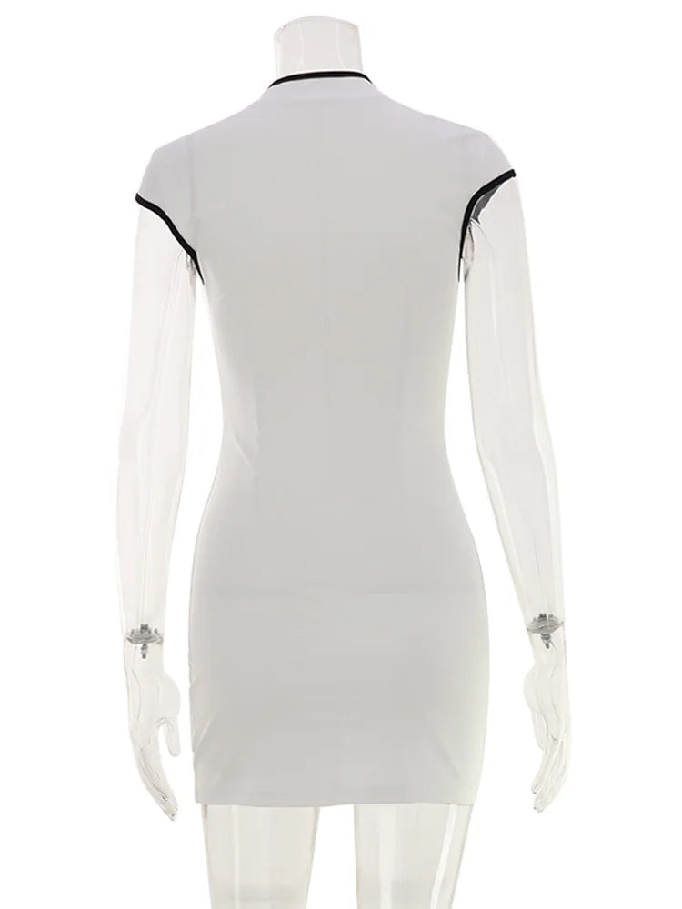 Ahagaga Dresses for Women Sexy Patchwork Hollow Out Cap Sleeve O Neck Sheath Bodycon Slim Casual Club Party Outfits Vestidos