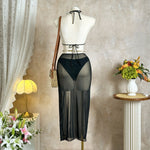 Sexy Black Mesh Long Skirt 3 Piece Bikini Set Women White Metal Ring Linked Push Up Bra Swimsuit Holiday Bathing Suits Swimwear