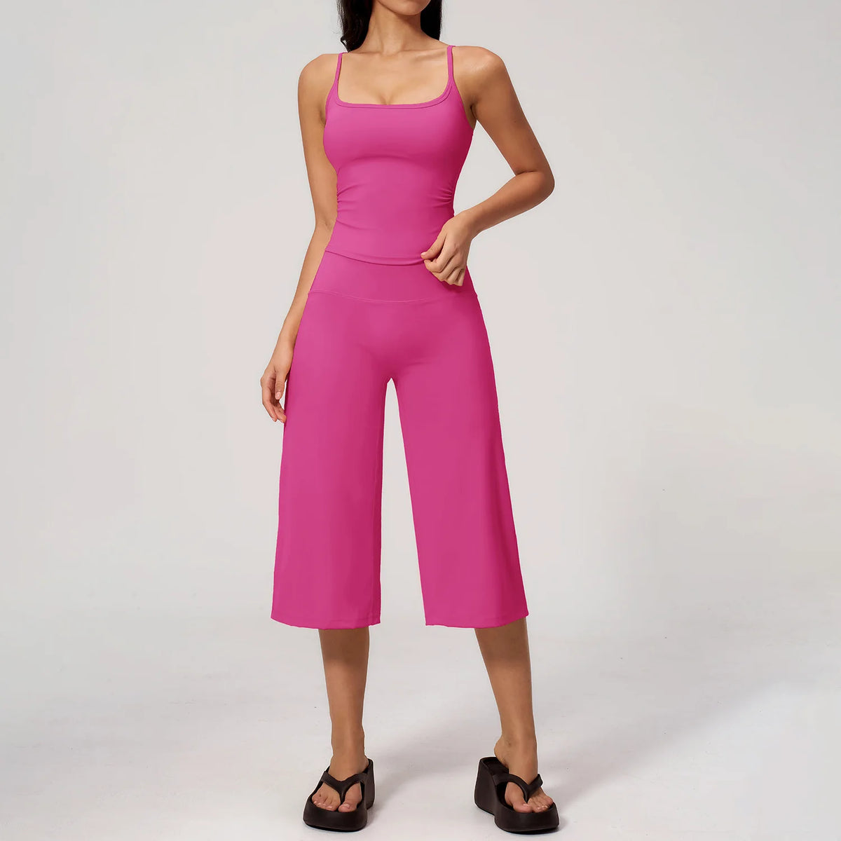 Gym Workout Yoga Sets Women Square Neck Slimming Sports Tank Top Fitness Gym Suit Outdoor High Waist Flare Pants Two-piece Set