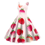Vintage Fruit Print Dress For Women Elegant High Waist A Line Swing Dress Rockabilly 60s 50s Retro Spaghetti Strap Maxi Robe