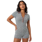 Women Summer Romper Short Sleeve Buttons Turn Down Collar Bodycon Jumpsuits Casual Daily Fashion Knit Striped Playsuits