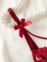 Ladies' Wine Red Countryside Style Wheat Ear Embroidery Semi Transparent Nightgown, Elegant and Comfortable, Bow Design ZA825066