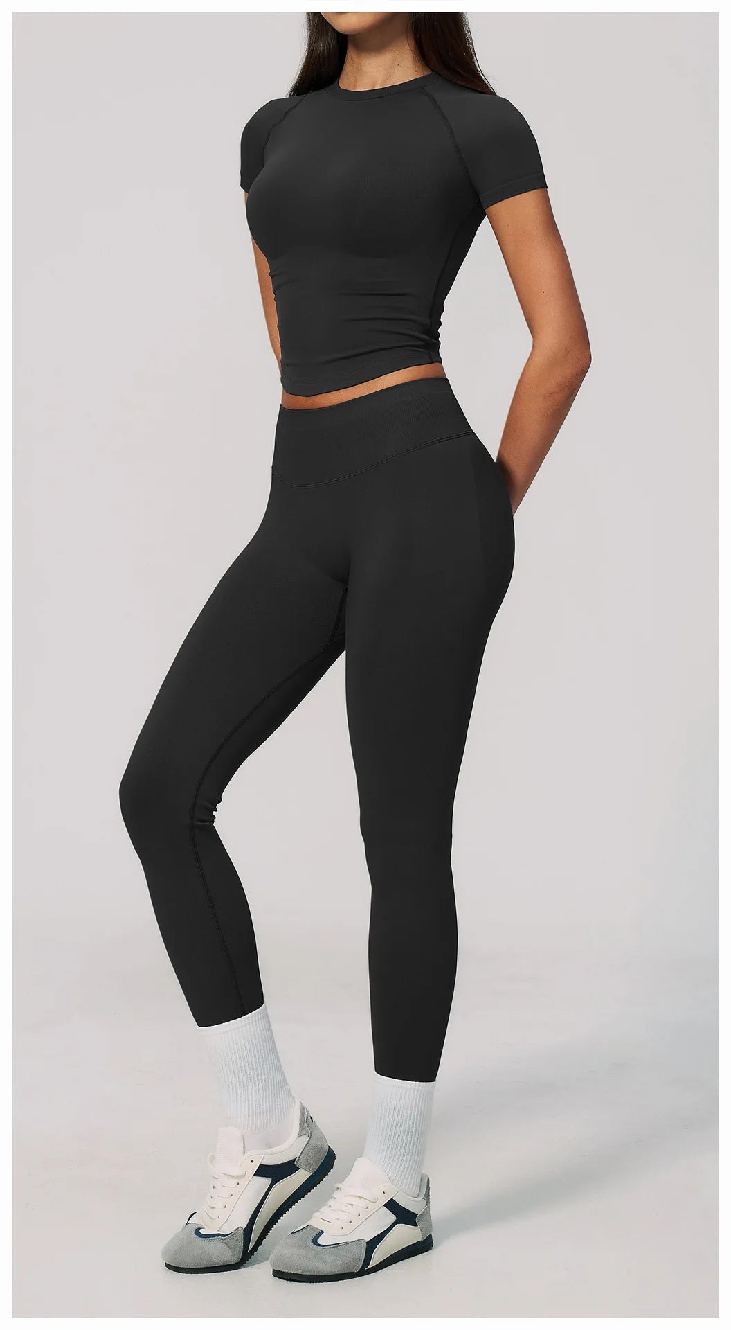 2PCS Women's Tracksuit Seamless Yoga Set Short Sleeve O Neck Workout T Shirts Fitness Suit Tight Hip Lifting Leggings Gym Sets
