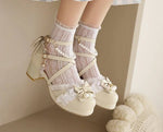Women's Summer White Buckle Strap Sandals Pink Bowknot Pearls Cross Strap Shoes Black Ruffles High Heels Lady Lolita Party Shoes