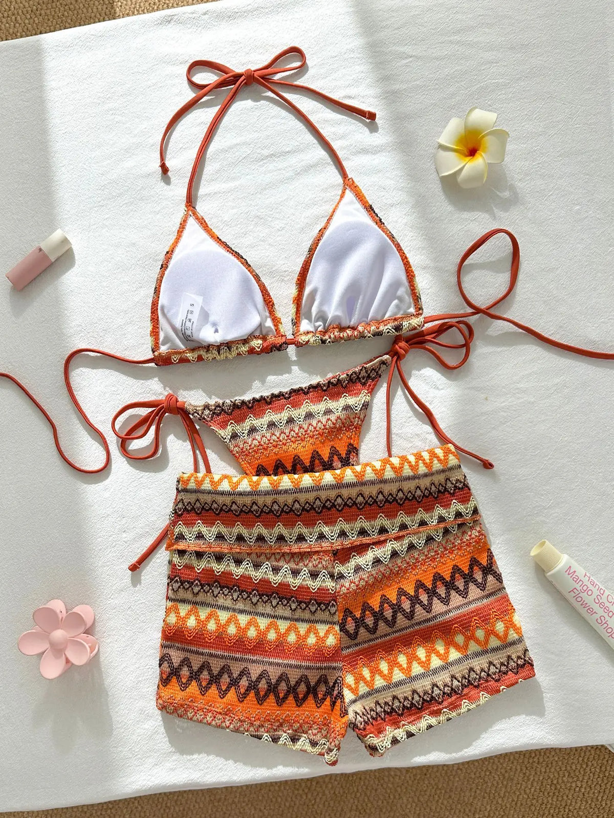 Sexy Red Striped Knitted Bikini Set 2026 Women Patchwork Push Up Bra Thong Swimsuit Beach Bathing Suit Cover Up 3 Piece Swimwear