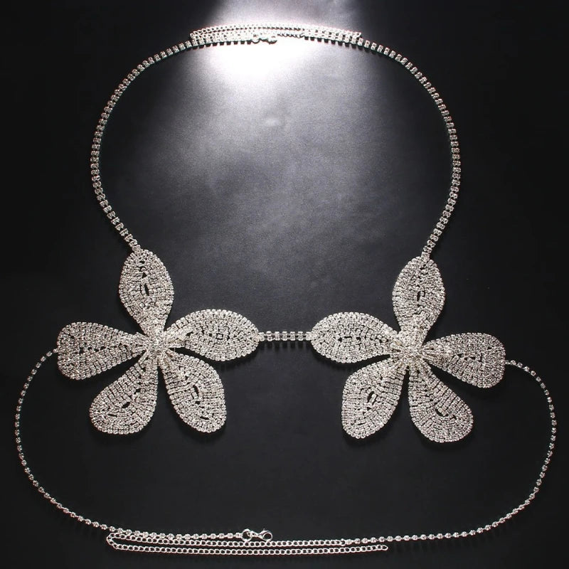 Exaggerated Crystal Flower Chest Chain Lingerie Women Accessories New in Summer Top Rhinestone Body Jewelry Bra Bikini Clothing