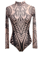Women Mesh Bodysuits Vintage Ethnic Printed Long Sleeve Leotard Body Top See Through Sexy Club Overalls Shirts