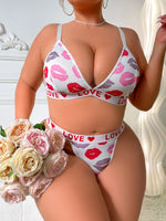 Women's Sexy Lips Print Lingerie Set, French Triangle Cup Bralette & Thong, Plus Size Supportive Side-Smoothing Underwear