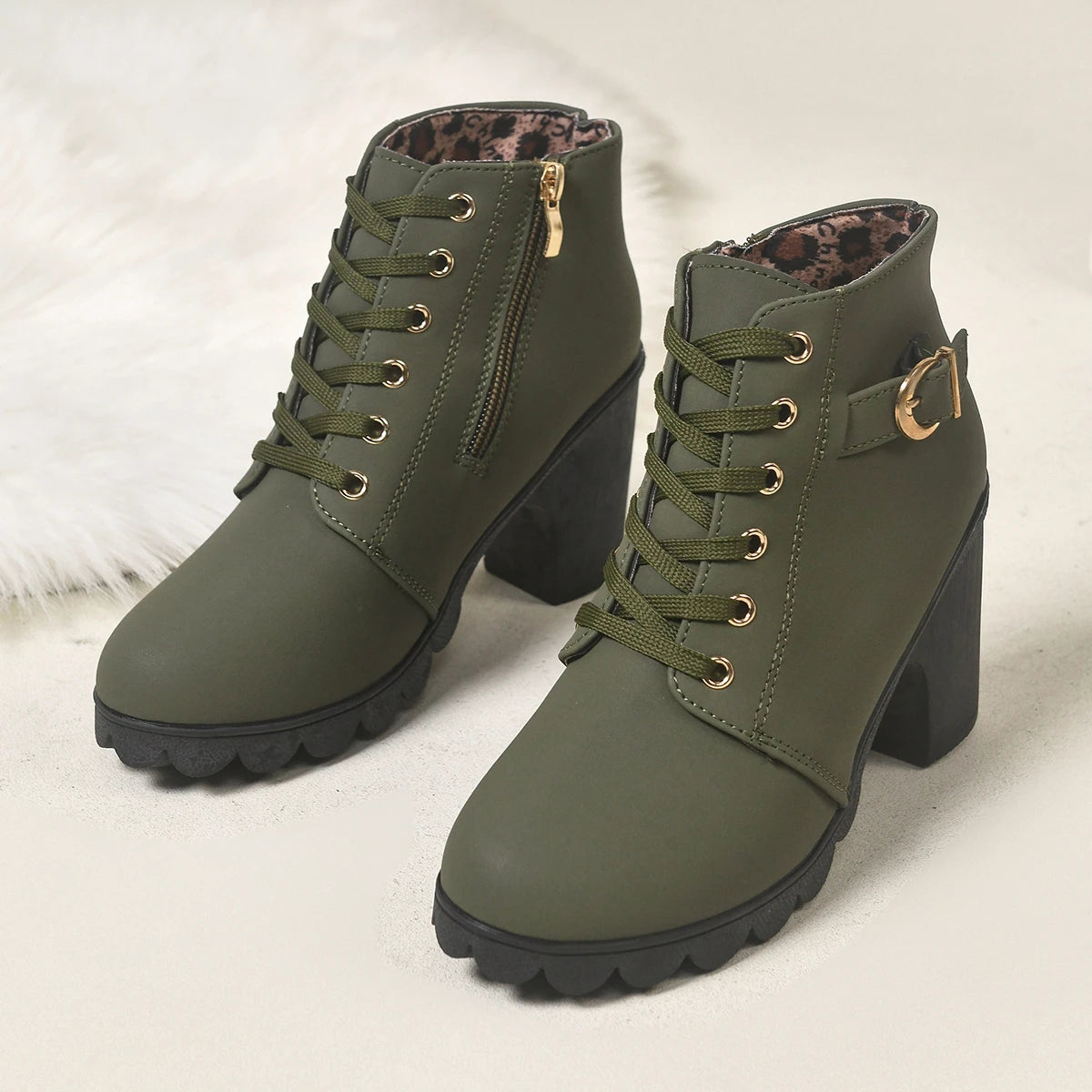 Women Lace‑Up Ankle Boots Metal Buckle Decor Side Zipper Chunky Block Heel Lug Sole Combat Short Booties Fall Winter Large Size