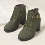 Women Lace‑Up Ankle Boots Metal Buckle Decor Side Zipper Chunky Block Heel Lug Sole Combat Short Booties Fall Winter Large Size