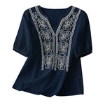 Women Summer Loose Embroidered V Neck Solid Color Short Sleeved Comfortable Button Down Shirt Top женская одежда