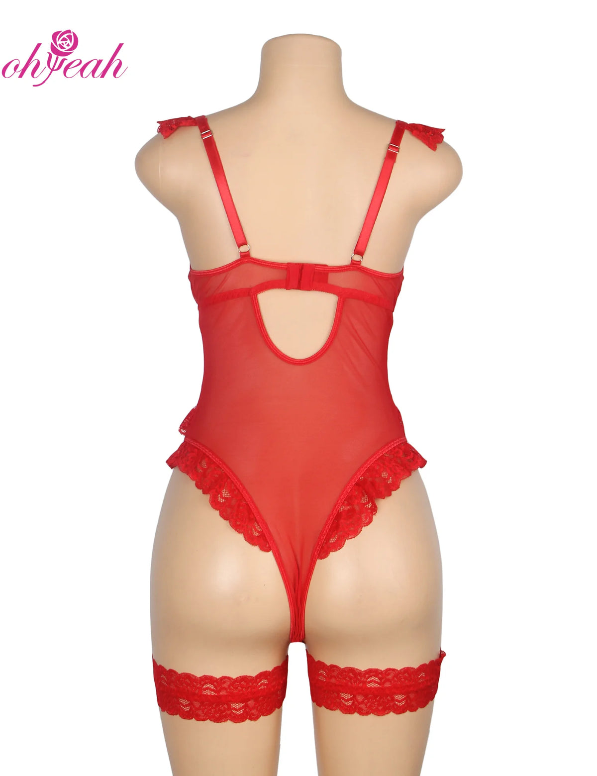 Plus Size Sheer Mesh Teddy Bodysuit for Women Sexy Lace Lingerie Set with Adjustable Garter Belt Curvy Nightwear Romantic Outfit