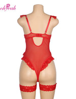 Plus Size Sheer Mesh Teddy Bodysuit for Women Sexy Lace Lingerie Set with Adjustable Garter Belt Curvy Nightwear Romantic Outfit