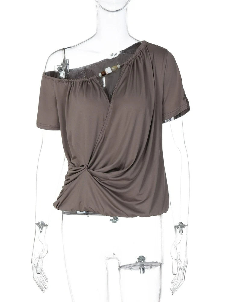 FDYOUI 2026 Diagonal Collar Ruched T-shirts Women's Summer Short Sleeve Hollow Out Buttons Tee Shirt Asymmetrical Top Streetwear