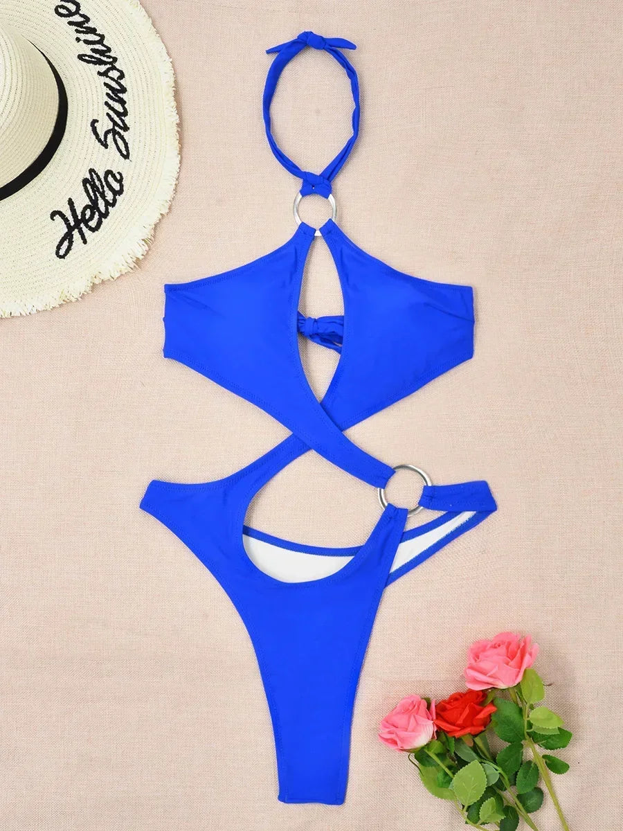 Sexy Tummy Cut Out Halter Women Thong Swimwear One Piece Swimsuit Female High Cut Monokini Rings Bathing Suit Swim Beach Wear