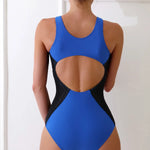 2025 Patchwork Sport One Piece Swimsuit Blue Black Swimwear Women Professional Sport Bathing Suit Surfing Korean Swimming Suit