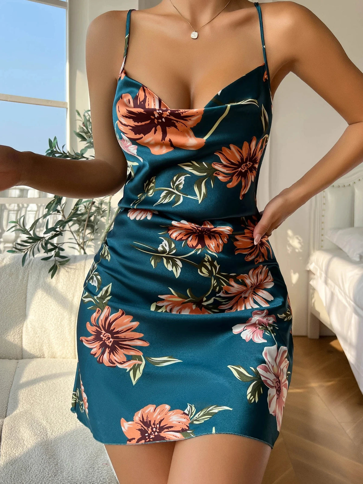 Summer Ice Silk Stain Nightgowns Women's Slip Dress Sexy Sleepwear Floral Print Pajamas Open Back Split Nightdress Pajamas
