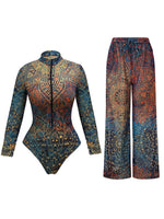 Vintage Leaves Print SPF Sunscreen Pants Swimwear Sets Women Long Sleeve Zipper Bathing Suit Sun Protect One Piece Swimsuit 2026