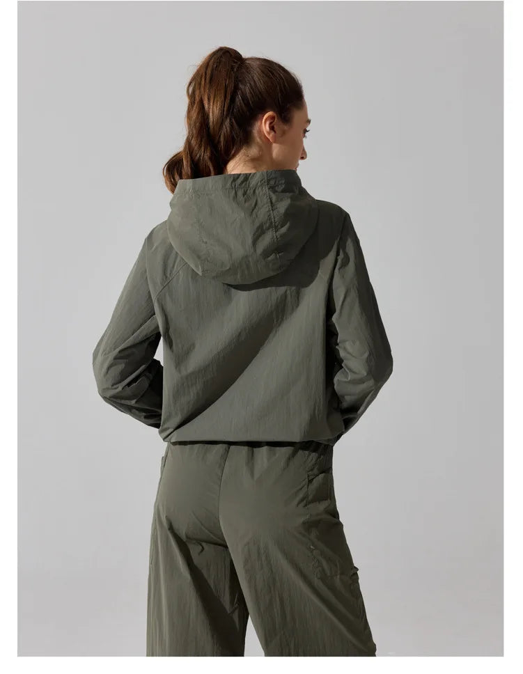 Outdoor Windproof Mountaineering Jacket Women Fashion Lightweight Sun Protection Sports Hooded Top Casual Loose Hiking Yoga Suit
