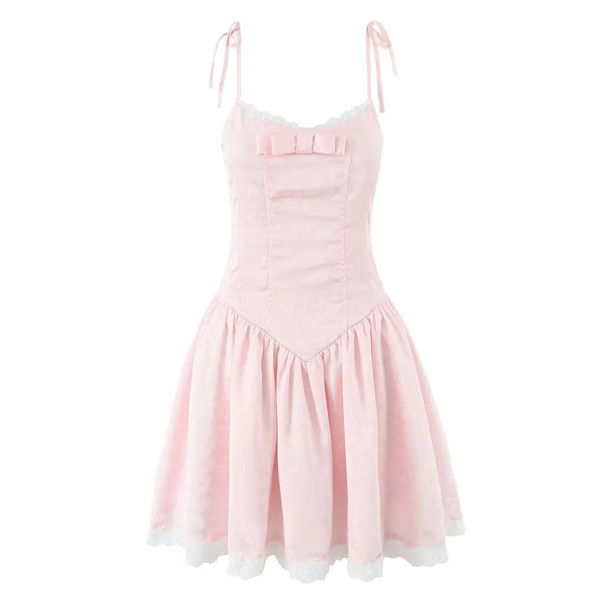 Women's Dark Pattern Bow Cute Sweet Princess Dress White And Pink Strap Mini Dress With Lace Trim Bow And Flared Ruffle Hem SK6A