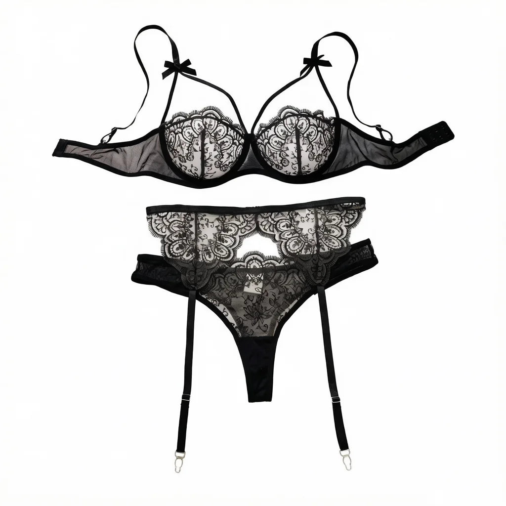 3 Pieces Sheer Lace Garter Lingerie Set Women Black Underwire Bra Bow Decor Thong Sexy Ladies Underwear ZA25205