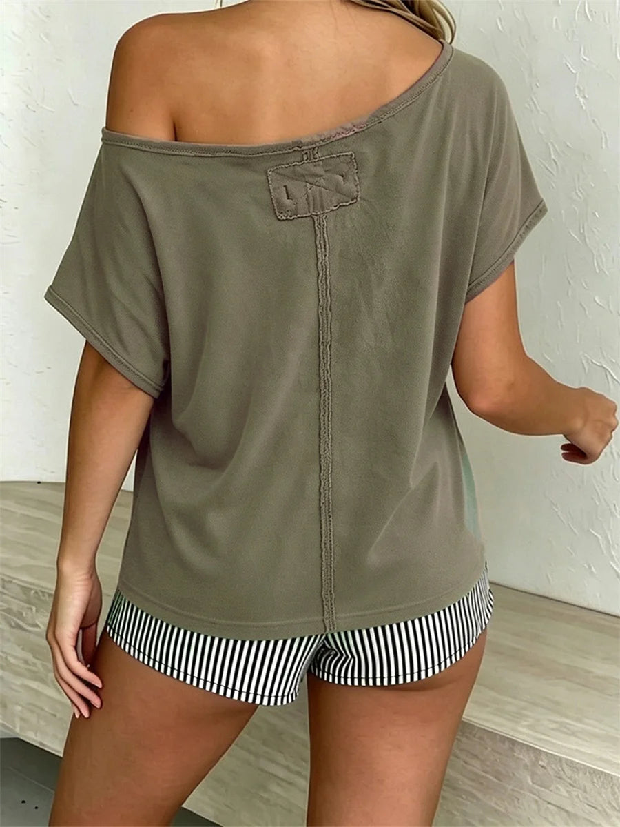 Women Off Shoulder T-shirt Loose Fit Short Sleeve Boat Neck Going Out Tops Casual Summer Shirts Streetwear