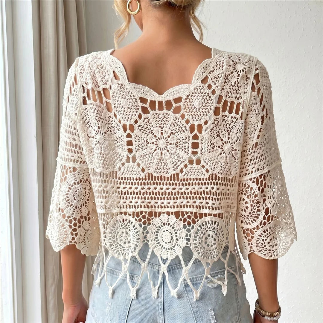 Half Sleeve Hollow Out Solid Crochet Knitted Tunic Beach Cover Up Cover-ups Beach Dress Beach Wear Beachwear Female Women V8401