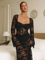 Sexy see-through lace jumpsuit fishbone tight long-sleeved black hottie dress