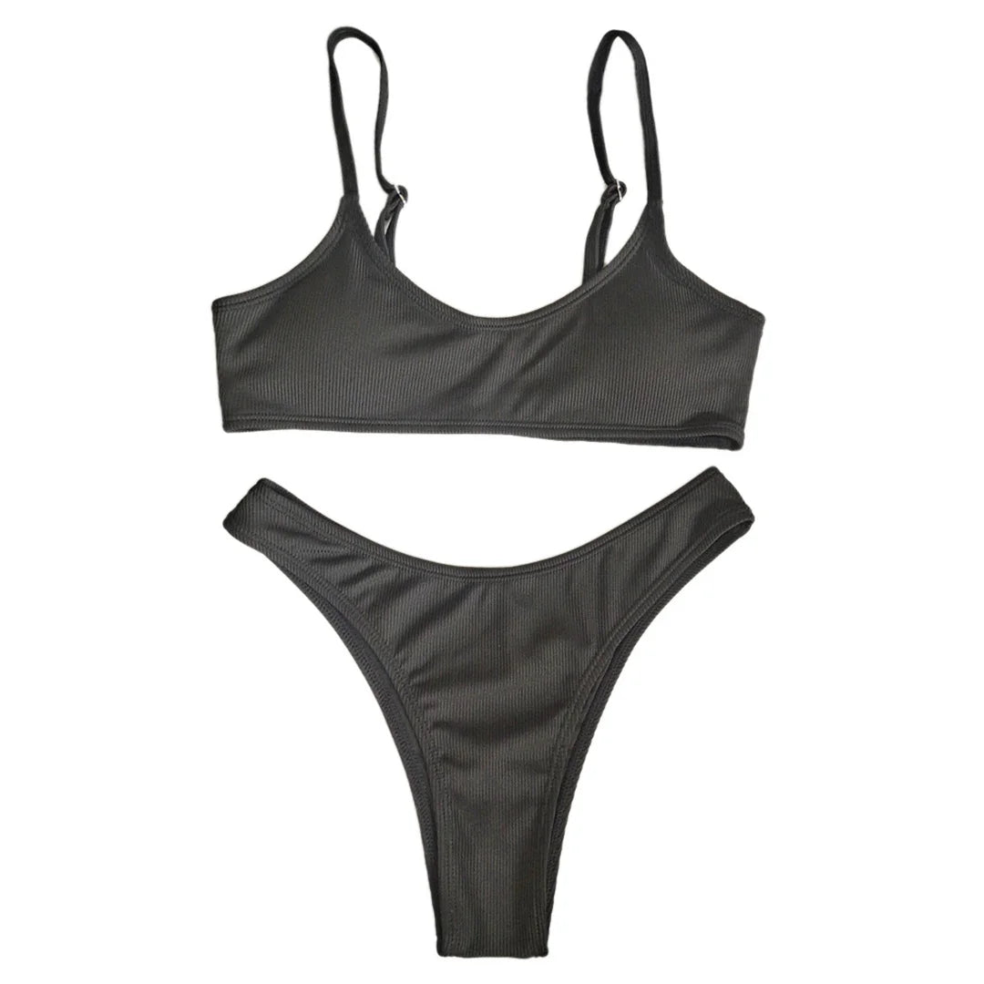 Ribbed High Leg Cut Bikini Female Swimsuit Women Swimwear Two-Pieces Bikini Set Brazilian Padded Bather Bathing Suit Swim V7126