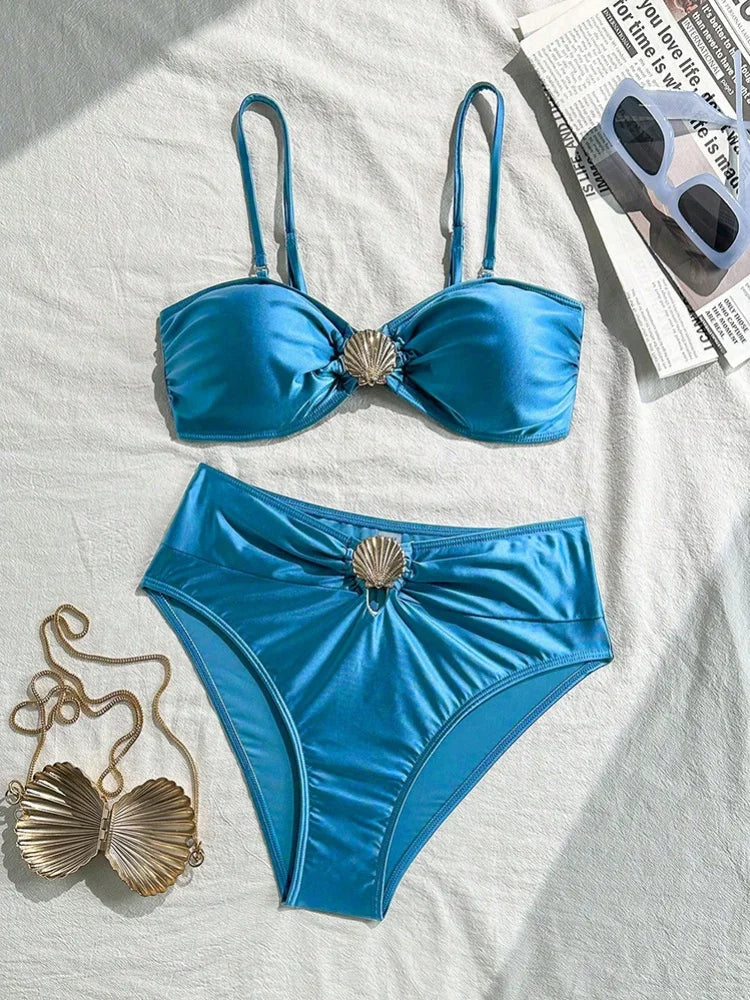 Sexy Metal Shell High Waist Bikini Set Women Black Coffee Pleate Push Up Two Piece Swimsuit 2026 Holiday Bathing Suit Swimwear