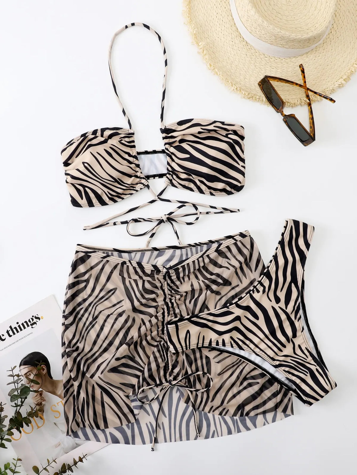 3pack Zebra Stripe Bikini Women Lace Up Swimsuit Beach Skirt 2026 Swimwear Female Padded Bathing Suit Swimming Beachwear Summer