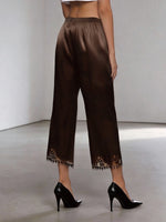 Women's Satin Lace Hem Capris Elastic Waist Loose Fit Wide Leg Pants Solid Color Lounge Street Casual Cropped Pants Summer