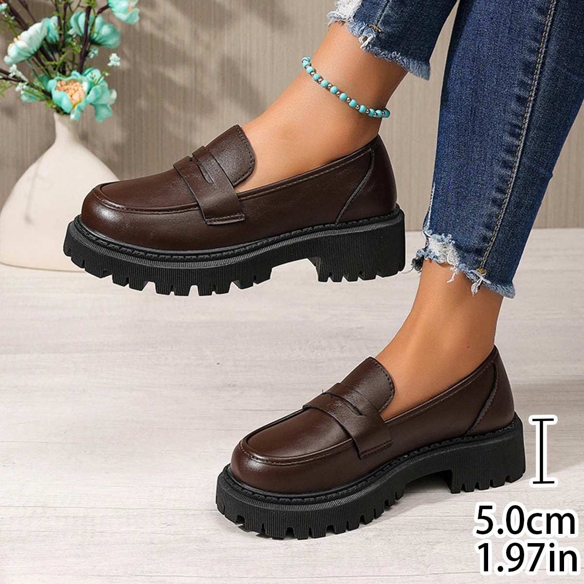 Women Penny Platform Loafer Shoes Slip On Chunky Lug Sole Round Toe Vintage Preppy Office Casual Dress Shoes