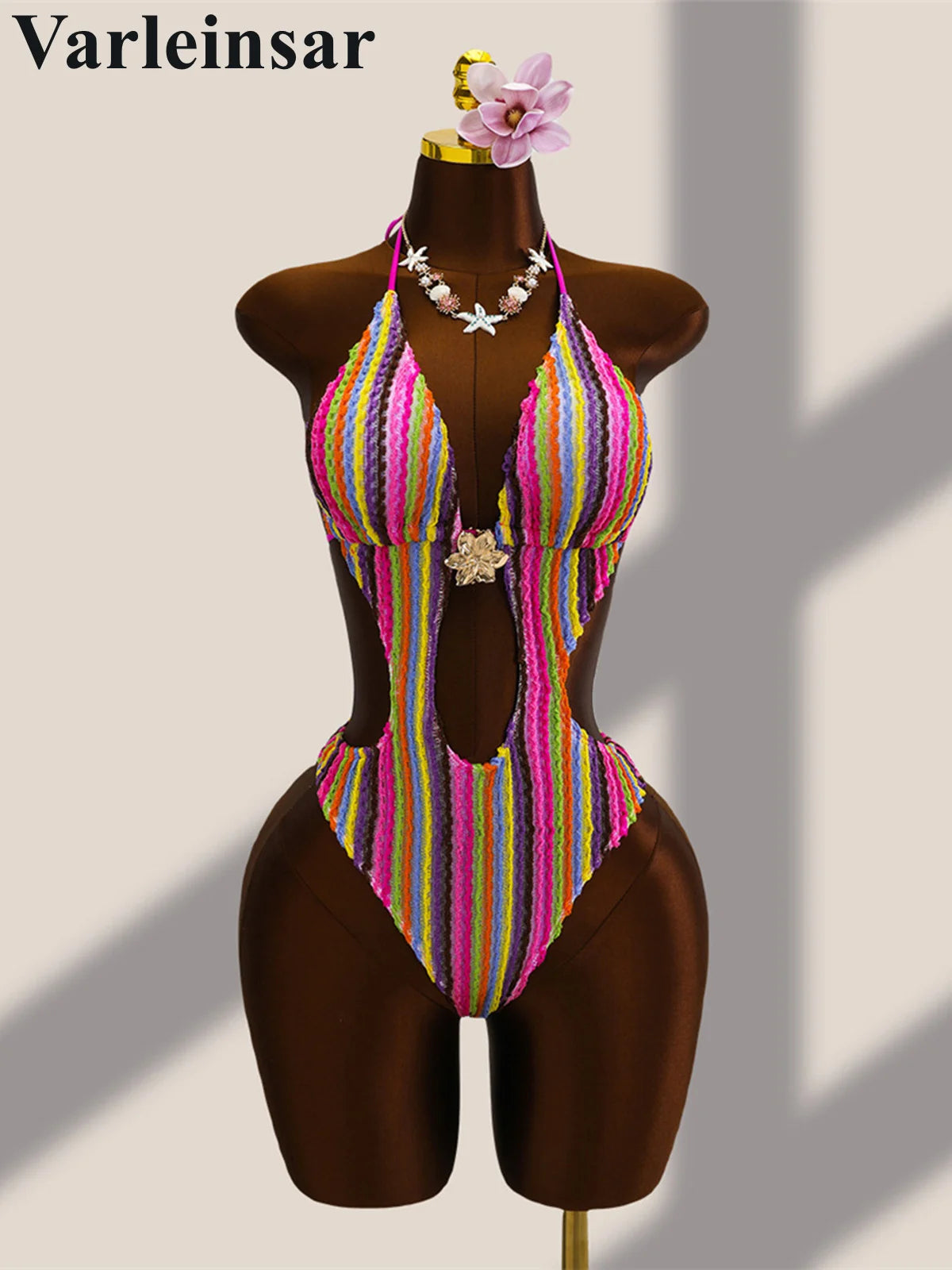 Striped Colorful Halter Cut Out One Piece Swimsuit Women Swimwear Female Monokini High Leg Cut Bather Bathing Suit Swim V8304