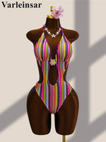 Striped Colorful Halter Cut Out One Piece Swimsuit Women Swimwear Female Monokini High Leg Cut Bather Bathing Suit Swim V8304