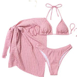 2026 New 3 Pieces Set Swimsuit Women Thong Swimwear Sexy Micro Bikini Set With Sarong Skirt White Beachwear Bathing Suit Pink