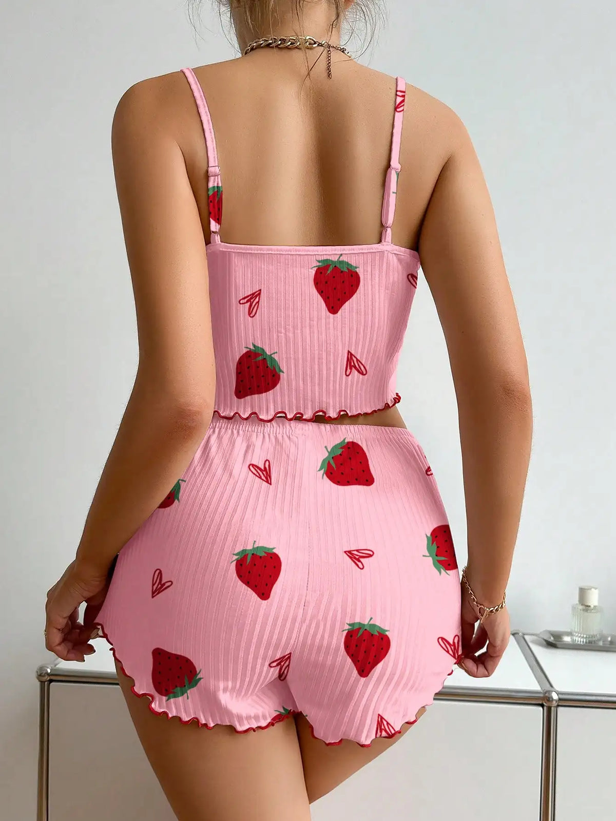 Camisole Strawberry Printing Casual Vest Tops and Shorts 2 Pieces Pajamas Set Women's Summer Sleepwear Loungewear