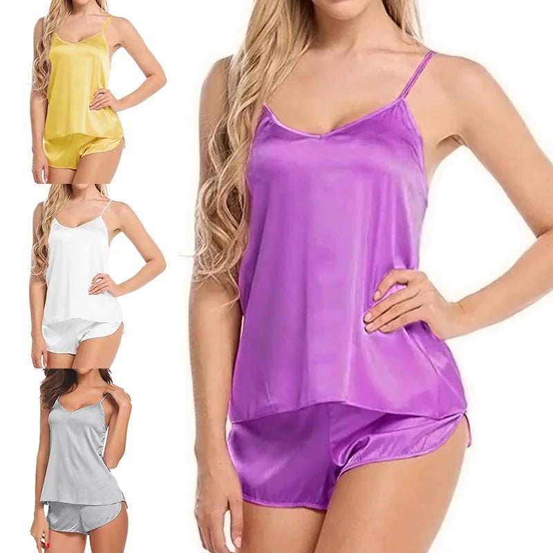 Women Satin Pajama Shorts Sets Mujer Strap Sleeveless Sexy Sleepwear Suit 2PCSV-Neck Cami Top Short Lingerie Female Nightwear