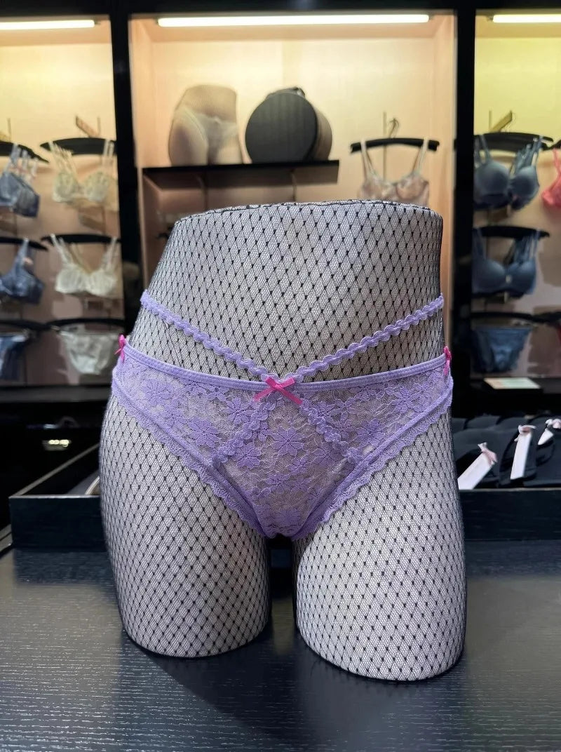 Sexy Lace Thong Double Strap Women's Panties Low Waist Transparent Flower See Through Hollow Out Low Waist G-Strings Underwear