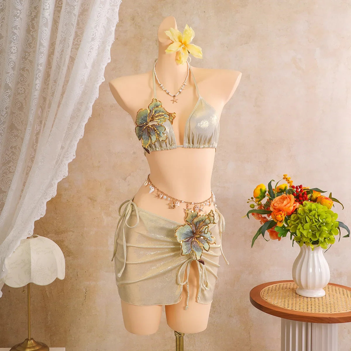Sexy Beige 3D Flowers Embroidered Bikini Set 2026 Women Drawstring Cover Up 3 Piece Swimsuit Beach Bathing Suit Holiday Swimwear