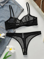 Solid color transparent lace stripe 2-piece set paired with sexy thong new women's underwear set girls Lingerie