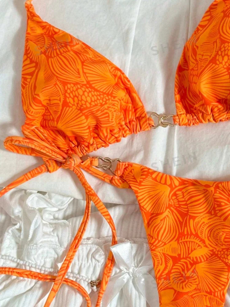 Sexy Orange Leaves Print Micro Bikini 2026 Women Summer Push Up Bra Tie Side Thong Swimsuit Summer Bathing Suit Holiday Swimwear